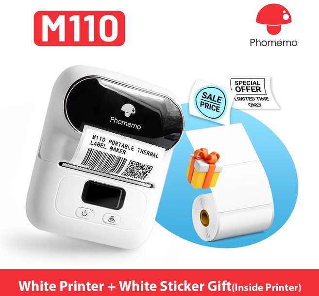 Phomemo M110 미니 휴대용 프린터 라벨 스티커 Ni B21 B1 50mm와 유사한 포켓 라벨링 메이커 기계, 3) White Printer, 1개