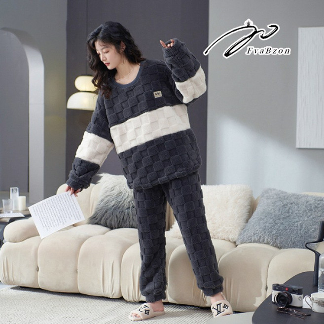 FvaBzon 커플 잠옷 세트 겨울 가을 두꺼운 보온 플란넬 남녀공용 실내복