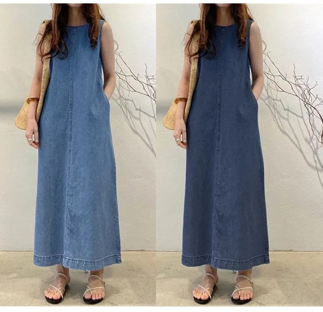 여름 중년 민소매 데님 원피스 세련된 슬림핏 나시 롱 청원피스