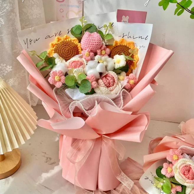 跨境毛線針織花束成品編織玫瑰情人節閨蜜生日母親節畢業季禮物, 2向日葵2漸變粉玫瑰1鬱金香2棉花