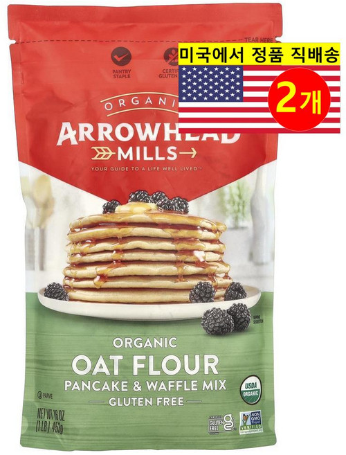 Arrowhead Mills 풍부한 섬유질 건강하고 맛있는 다용도 오가닉 오트밀 팬케이크 & 와플 믹스 453g 2개