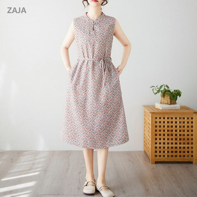 ZAJA 여성 여름 프린트 원피스 민소매 루즈핏 미디 기장