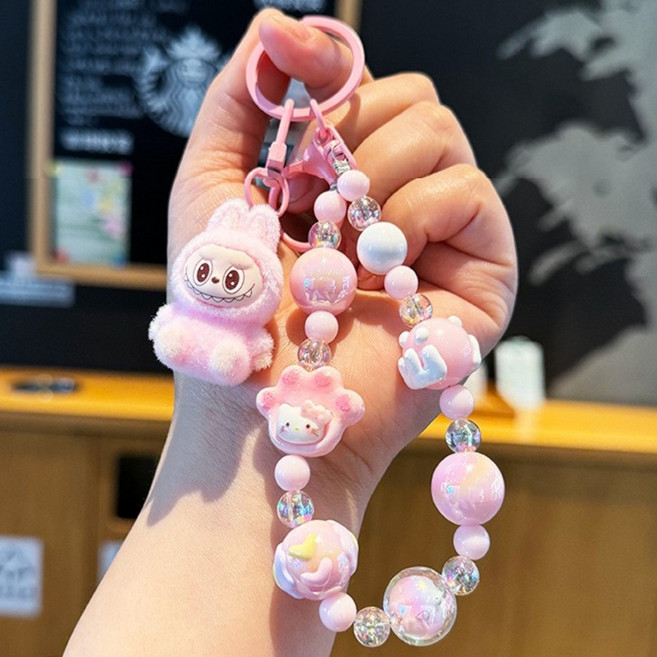 JONNEIC 조네익 라부부 Labubu 테이스티 마카롱 페이스 인형 컬러비즈 핸드폰 스트랩 열쇠고리, 1개, 핑크