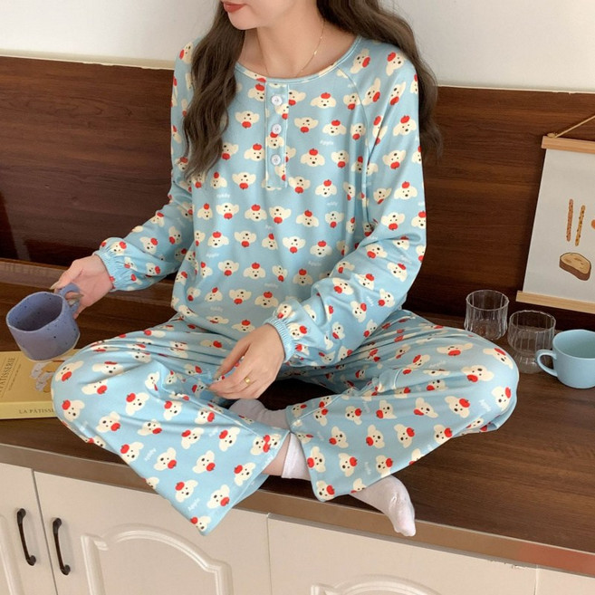 SAHINER 여성 러블리 귀여운 캐릭터 루즈핏 긴팔 파자마세트 편안 홈웨어 LASY25