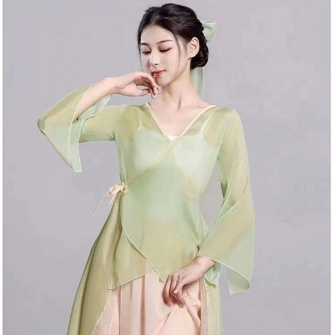 good 褲古典舞演出服裝飄逸紗衣中國舞練功服身韻仙氣雪紡上衣古風, 宮牆綠, 單件上衣