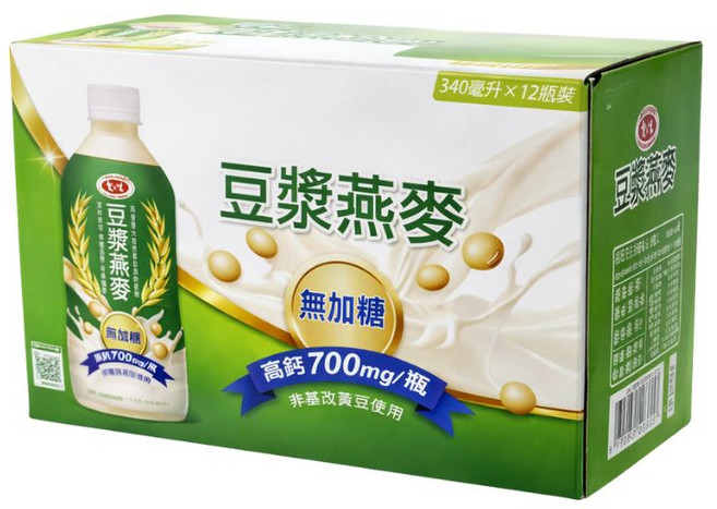 愛味 豆漿燕麥飲 無糖 高鈣700mg/瓶 非基改黃豆使用, 12, 340ml