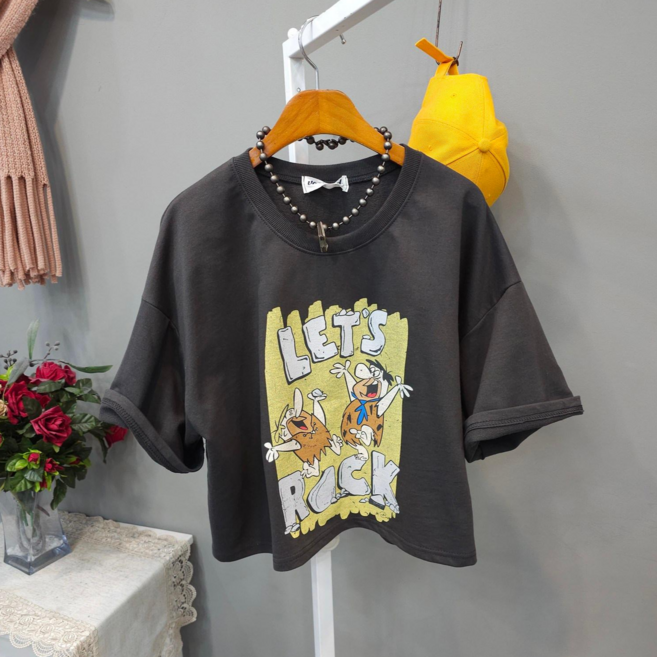 렛츠기릿 라운드넥 면100% 여름 캐주얼 크롭 반팔티