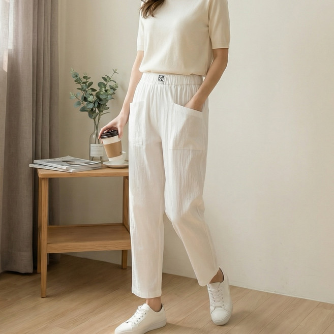 NUNUHANA 여성 면마 하이웨스트 통팬츠 데일리 9부 슬랙스