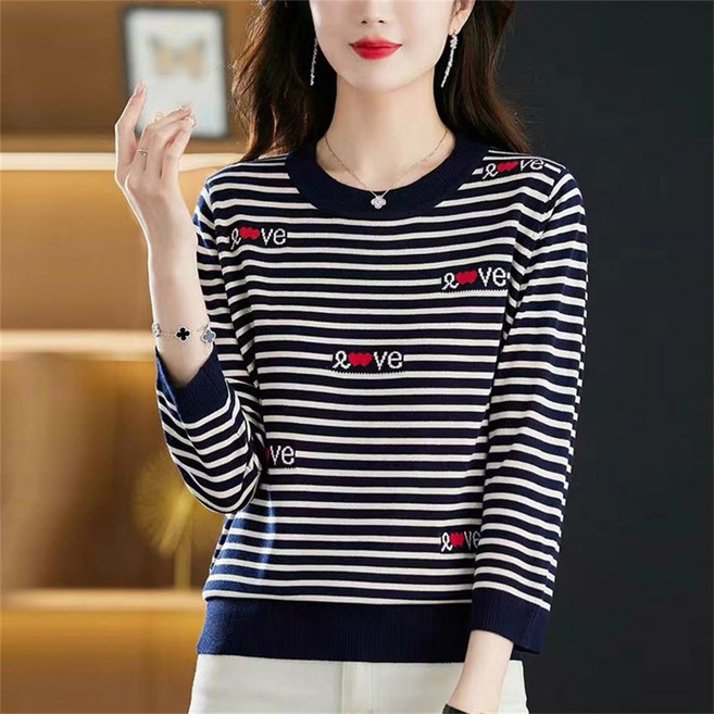 TKX 여성용 스트라이프 레터링 패턴 라운드넥 7부 소매 티셔츠 봄 가을 패션 캐주얼룩 K76