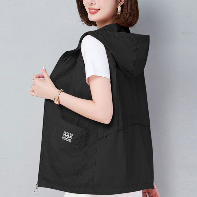 로르카 여성 얇은 단색 데일리 포켓 후드 조끼 자외선차단 빅사이즈 캐주얼 지퍼 조끼 Z01031825