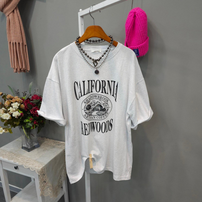 여성용 캘리포니아 레드우즈 레터링 오버핏 라운드넥 면 반팔 티셔츠