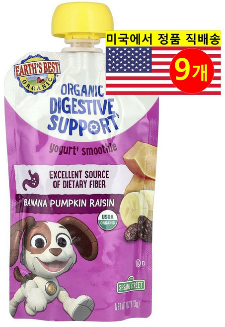 Earth's Best 2세 이상 어린이용 맛있고 영양이 풍부한 오가닉 퓌레 이유식 파우치 113g 3개, 9개