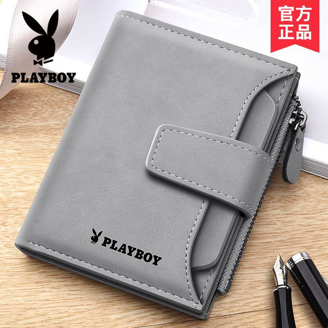 Playboy 花花公子 男士短款錢包 駕照卡包錢夾, 1個, 豎款搭扣灰色【10卡位可放駕駛證】