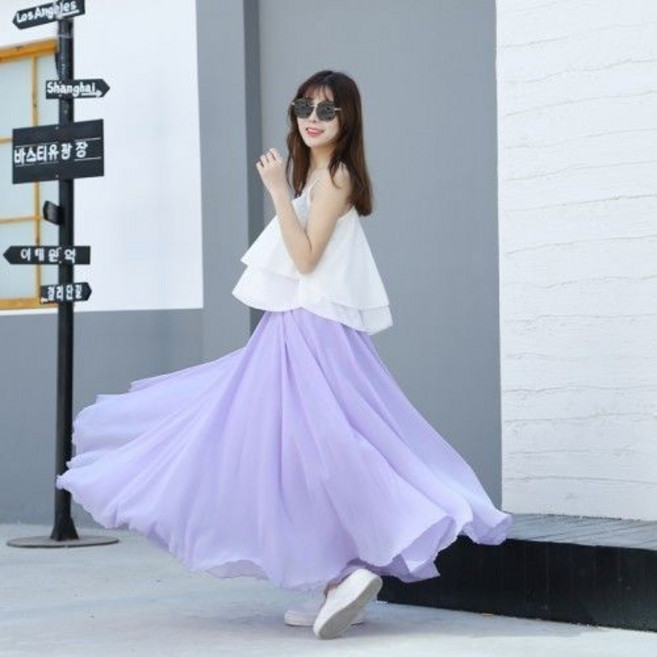 新款雪紡半身裙 雙層大擺裙 素色長裙 防透高腰長裙 民族風學生長裙 a字長裙 氣質洋裝