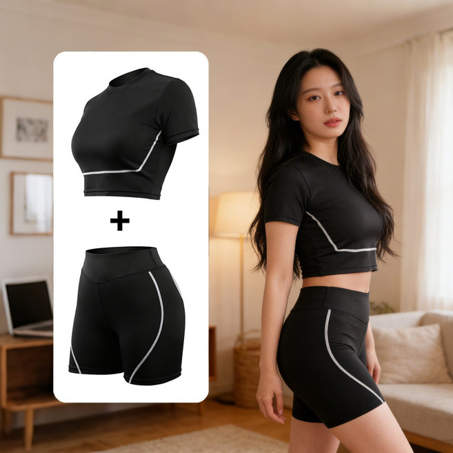 여성용 요가복 필라테스 세트 체육관 조깅과 사이클링 반팔 상의 + 반바지 세트