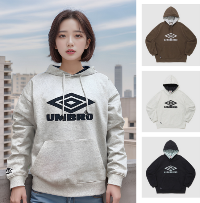 [국내매장판] 엄브로 남녀공용 긴팔 체크 오버핏 후드티