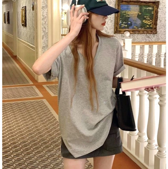 [오늘출발+무료배송] 꾸안꾸 루즈핏 브이넥 스판 여성반팔티셔츠