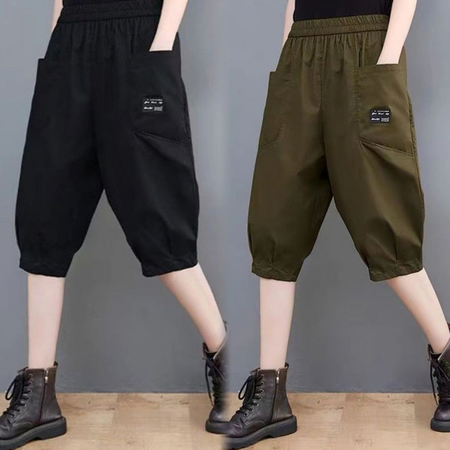 Neirny 1+1 중년 여성 빅사이즈 7부 바지 여름 엄마룩 냉장고 배기핏 데일리 스판 와이드 슬림핏 포켓 캐주얼 반바지 2매입