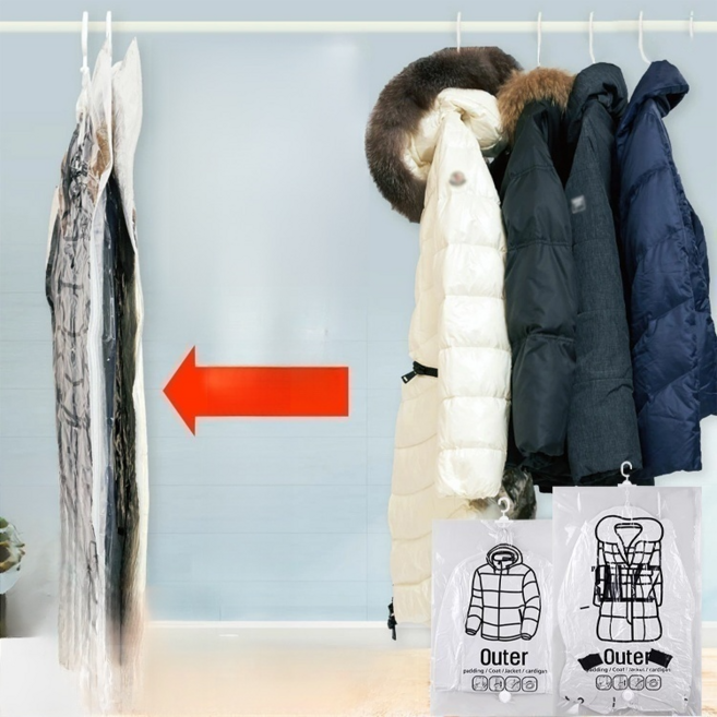 1+1옷걸이형 흡입 프리 진공 압축팩 옷 압축팩 아우터 압축 파우치 방습 방진 방취 공간 절약, (1+1개)투명