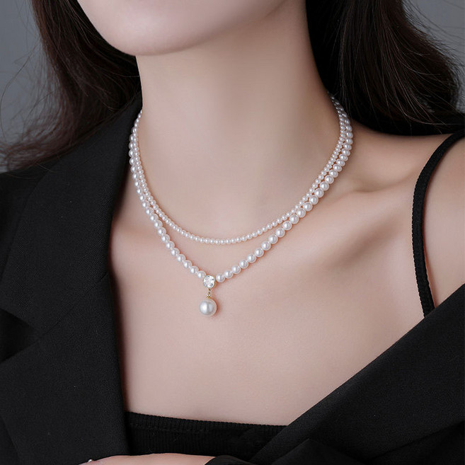 FANSYLI 레이어드 진주목걸이 미니 진주목걸이 여성 진주목걸이 큐빅 펜던트 목걸이 샤오미 진주 이중 목걸이 초커 진주 비즈 목걸이 0824K12
