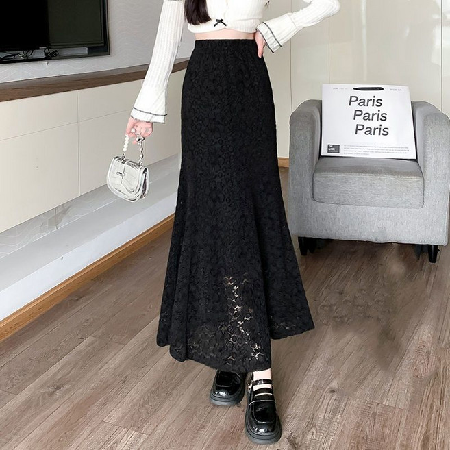 COSYEVNO 여성 스커트 가을 빅사이즈 패션 레이스 펀칭 밴딩 하이웨스트 A라인 머메이드 스커트 lyjbsq19