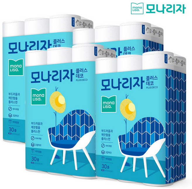 모나리자 플러스데코 3겹 27mX30롤 무향 휴지 화장지 물티슈 두루마리, 30개입, ★★best셀러 3팩가격에 +1천원만 더내면 4팩♥︎