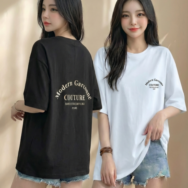 쁘띠엘라 1+1 레터링 반팔티 모던 프린트 티셔츠 스판