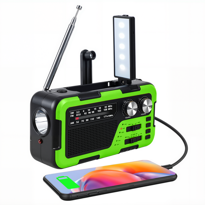 휴대용 태양열 라디오 핸드 크랭크 야외 비상 SOS 라디오 FM AM 효도 라디오 대용량 LED 조명 블루투스 스피커 강력한 조명 손전등 지원 TF 카드 다기능 스피커 MP3 안테, 녹색