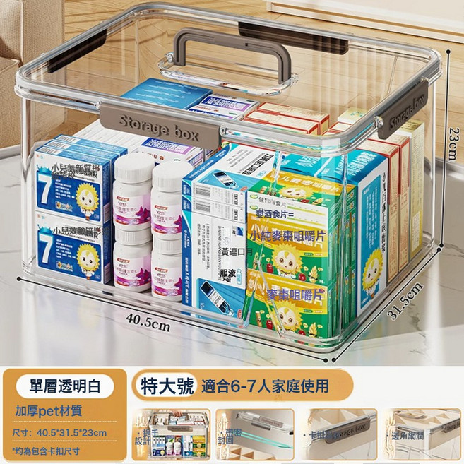 DIU 醫藥箱家庭裝大號家用大容量多層密封急救藥品醫療箱小藥物收納盒, 1個, 【特大號-單層透明白】特厚升級:如圖