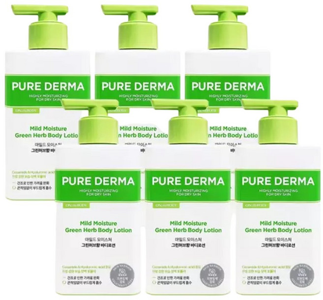 온더바디 퓨어더마 마일드 모이스처 바디로션 그린허브 향, 400ml, 6개