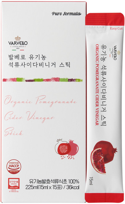 발베로 유기농 애사비 석류 식초 스틱, 15개, 15ml