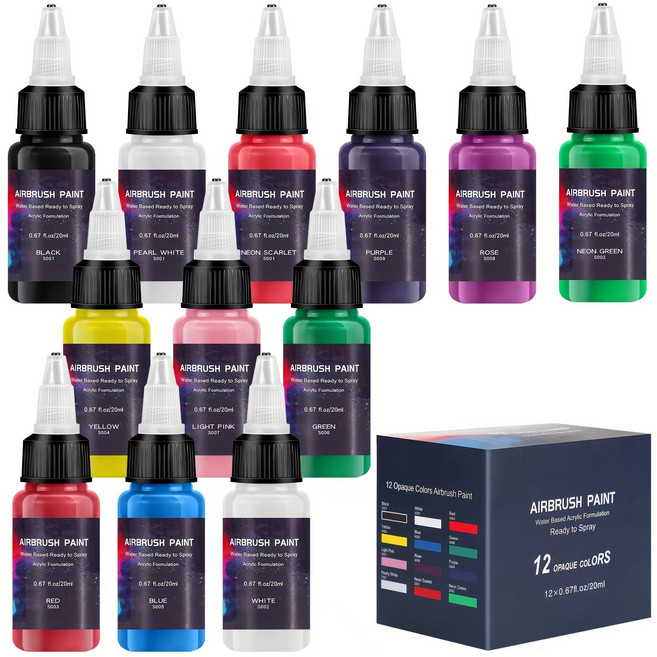 에어브러쉬 물감 컬러 12종 세트 워터 베이스 컬러 일반색, 12개, 20ml
