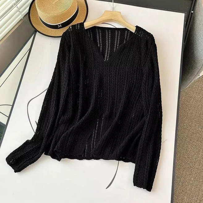 봄 가을 여성 펀칭 브이넥 니트티 빈티지 자외선 차단 긴팔 풀오버 티셔츠 데일리 얇은 상의 SYW