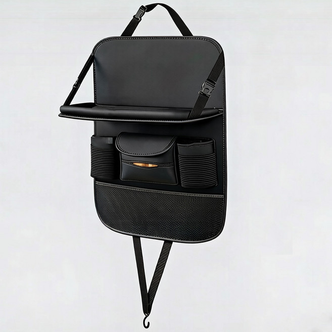 HERON 자동차 시트백 접이식 테이블 가죽 수납 정리함, 블랙, 1개