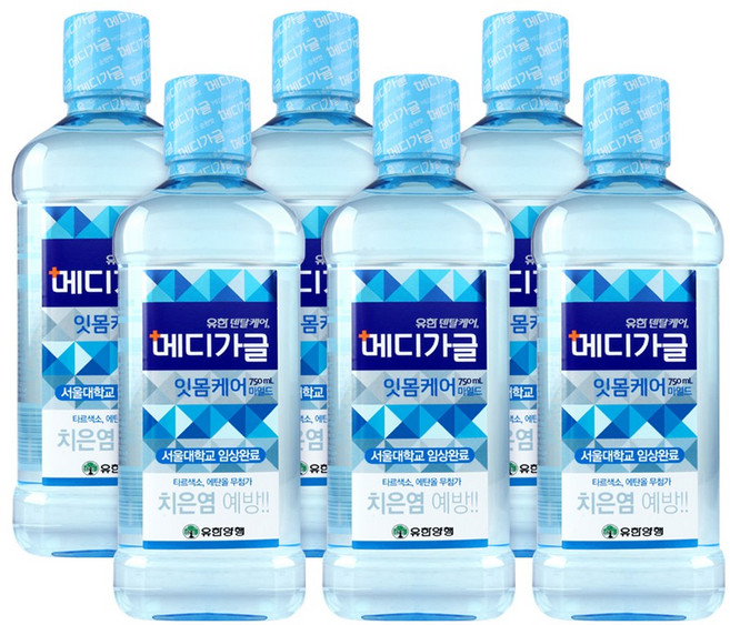 [유한양행]덴탈케어 메디가글 구강청결제 750ml 잇몸케어 마일드, 6개