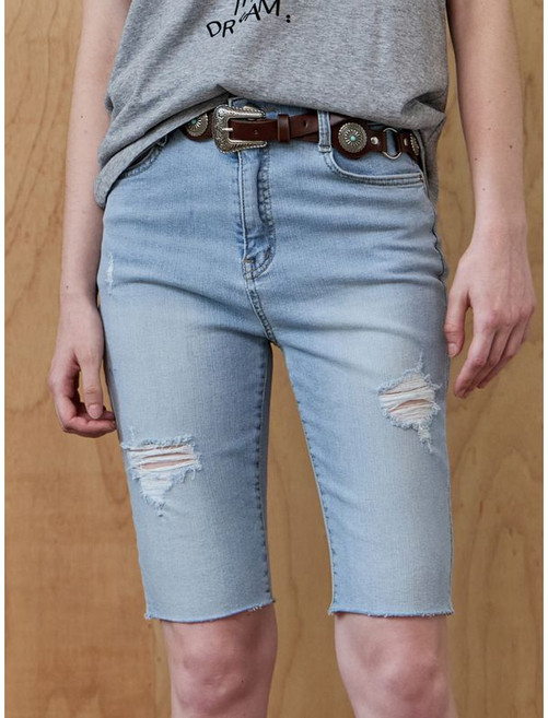 [마쟈] 디스트로이드 히든밴딩 워싱 데님 카프리 팬츠