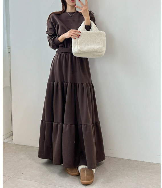 (set) 기모 러블리 캐주얼 크롭 맨투맨 티어드 캉캉 롱 스커트 트레이닝 세트 4color