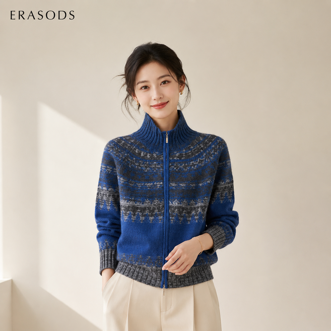 8위 - [100%캐시미어] ERASODS 여성 하이넥 지퍼 가디건 페어아일 무늬 고급 니트 아우터 가을겨울-5755