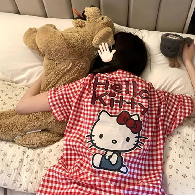 티류으스 구름 솜 빨간색 체크 무늬 키티 캐릭터 귀여운 파자마 여름 달콤한 반팔 긴바지 세트 홈웨어 lyj