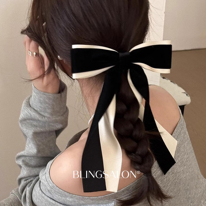 블링살롱 버킨 배색 핸드메이드 왕 리본 2단 꼬리 리본핀 2컬러 여성 자동핀 리본헤어핀 골프리본