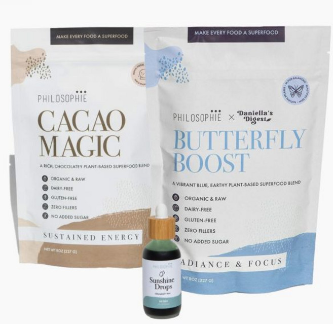 필로피 선샤인 드롭스 카카오 매직 & 버터플라이 부스트 번들 액체 엽록소 슈퍼푸드 파우더 블렌드 올 내추럴 식물 기반 3팩, 필로피 선샤인 드롭스 카카오 매직 코스믹 엘릭서 번들, 227g