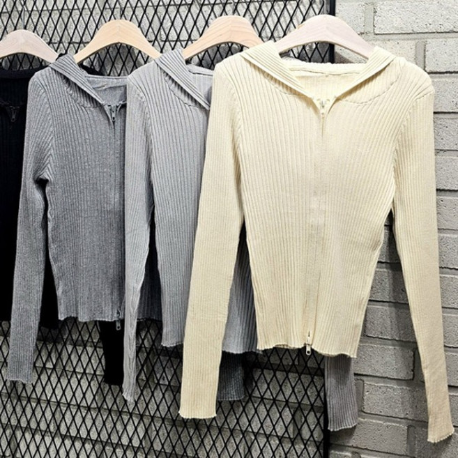 시몬 후드집업)골지후드집업 골지패턴무늬 스판핏 쫀쫀 집업후드 지퍼 모자집업 기본기장 니트후드집업 모자지퍼집업 그레이 봄