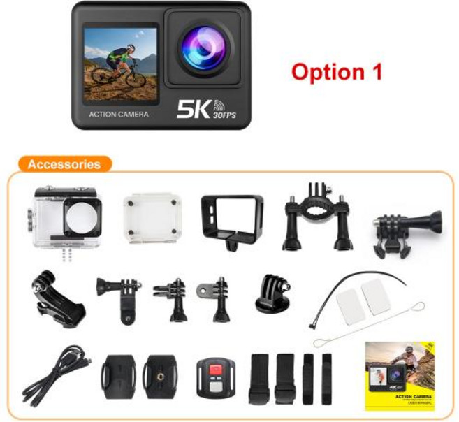 가성비 액션캠 5K 액션 카메라 4K60FPS 2.0인치 터치스크린 Wi-Fi 170 ° 광각 30M 방수 헬멧 비디오 녹화 스포츠, Without Card, Option 1