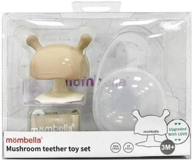 英國 Mombella Q比蘑菇固齒器 矽膠 磨牙玩具 咬咬樂, 焦糖奶茶, 1個, 焦糖奶茶三件套組