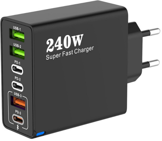 240W 접지 초고속 충전기 6포트 3USB+3PD 적용애플 아이폰 아이패드 삼성 갤럭시 픽셀 고속 전원 어댑터, 1개, 블랙