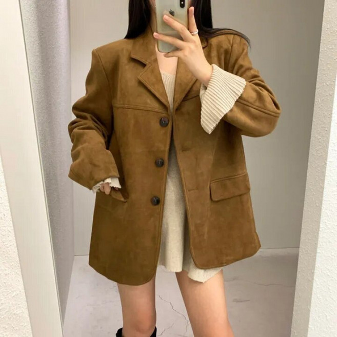 KOSARTE 여성 스웨이드 블레이저 메라드 무드 루즈핏 가을 겨울