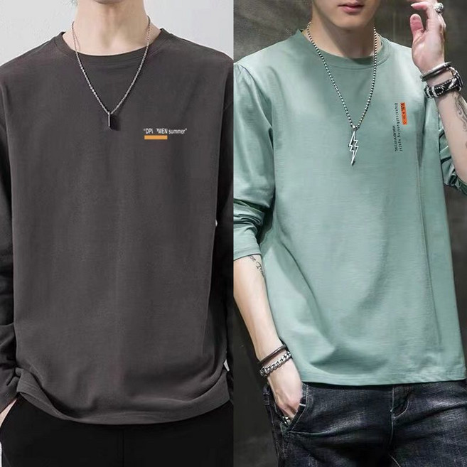 1+1 남성 티셔츠 봄가을 긴팔티 빅사이즈 순면 티셔츠 얇은 긴팔 상의 캐주얼 남자 긴팔 티셔츠 2P CJJ