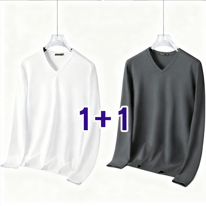 1+1 남자 브이넥 긴팔 티셔츠 봄가을 캐주얼 솔리드 이너 긴팔티 상의 루즈핏 슬림핏 무지티 WMY