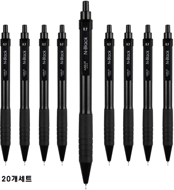 밀룩스 볼펜 니들블랙 0.7mm 20개 검정심볼펜 독일 초저점도잉크 탑재