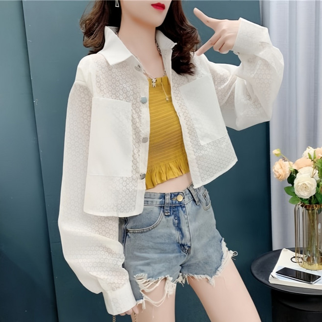 Makone 여성 카라넥 상의 해빛차단 루즈핏 크롭 데일리 숏 자켓